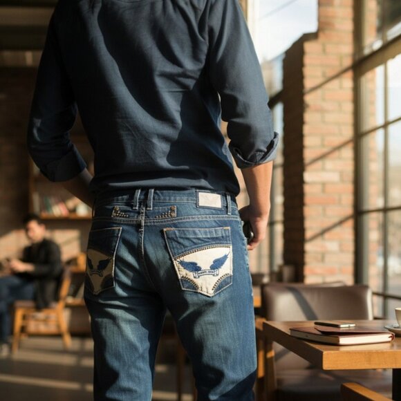 Robin’s Jean Torrent Wing Studded Pockets Vintage Dark Wash Straight, SZ 38/34 - Picture 1 of 9